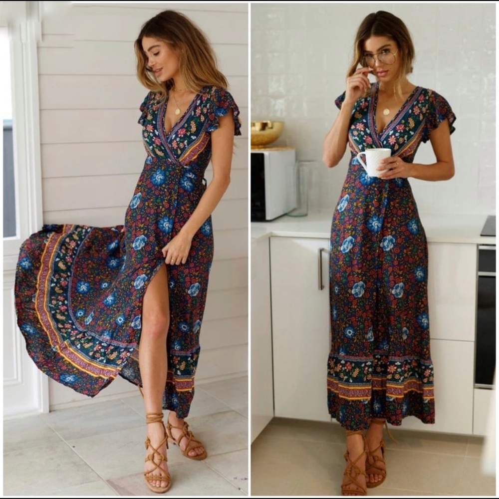 Boho Summer Sash Split Maxi Dress
